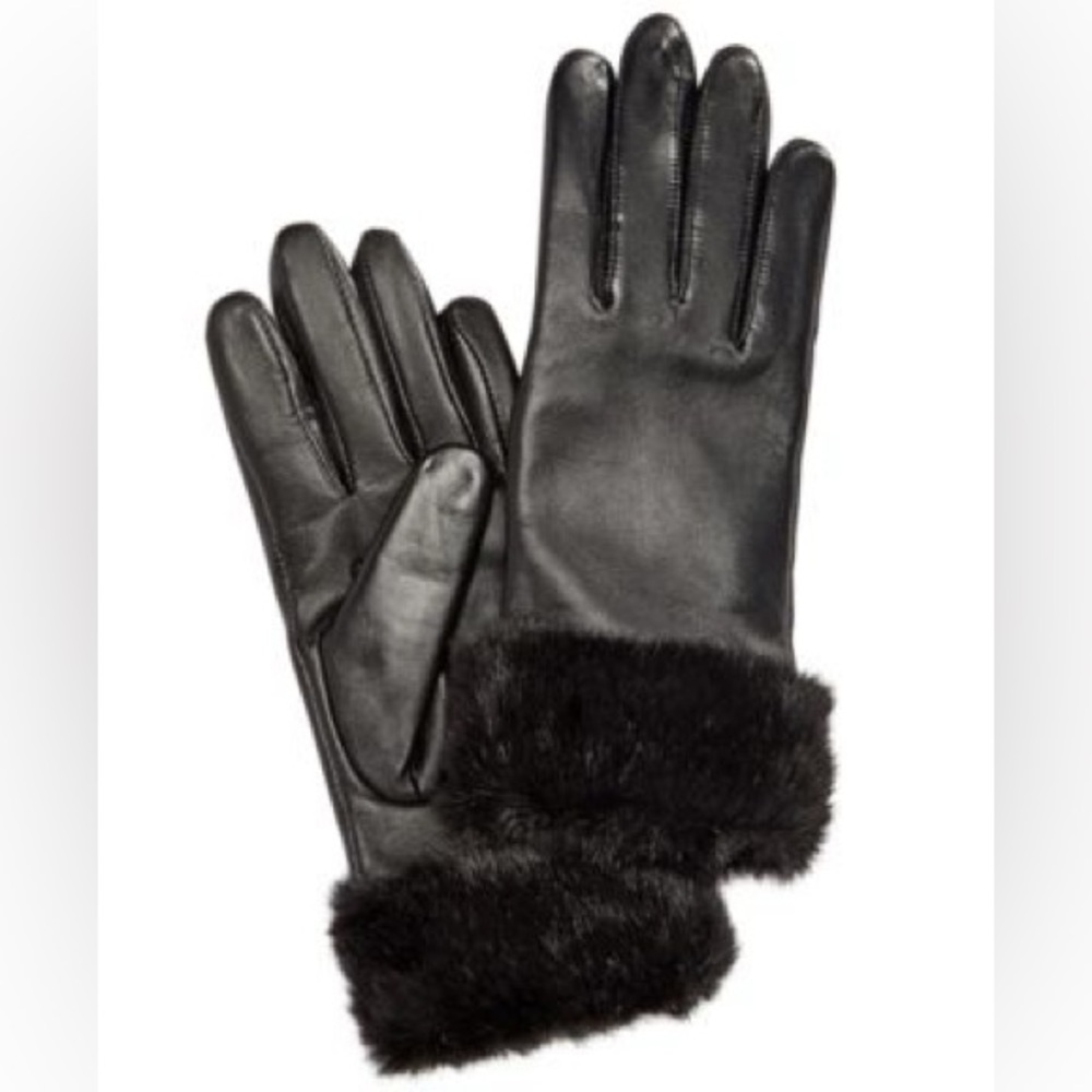 New - Charter Club Black Leather and Faux Fur-Trim Gloves